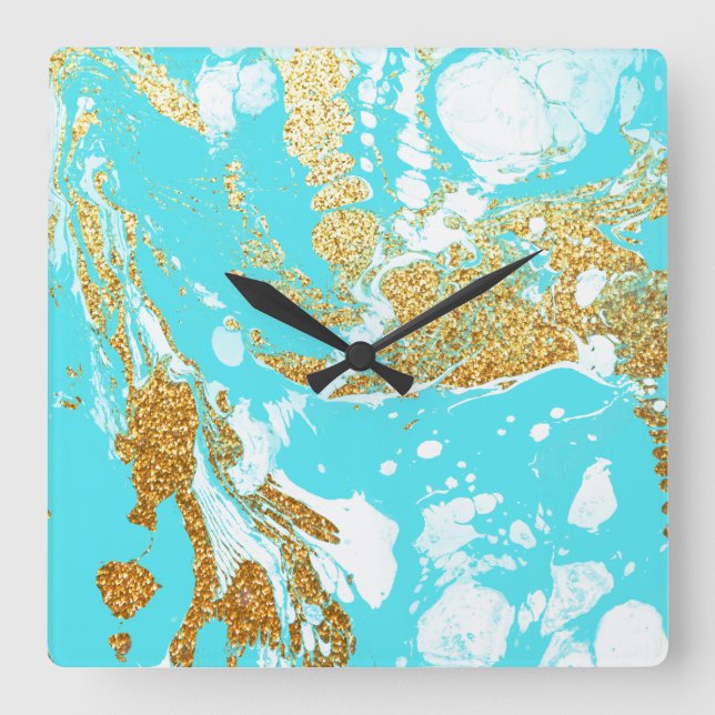 Horloge Carrée Parties scintillant en faux or turquoise en marbre (Recto)