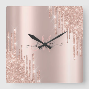 Horloge Carrée Parties scintillant modernes Rose Monogramme or 