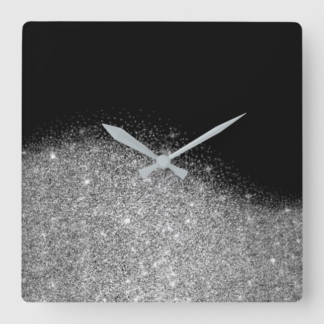 Horloge Carrée Parties scintillant noire gris argent minimal méta (Recto)