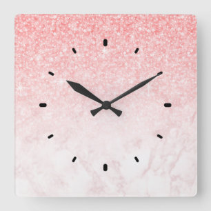 Horloge Carrée Parties scintillant rose et marbre or rose ombre