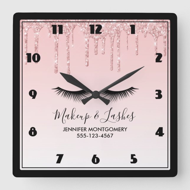 Horloge Carrée Parties scintillantes et cils liquides roses (Recto)