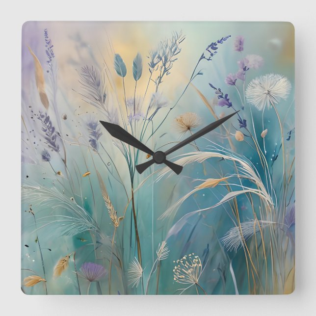 Horloge Carrée Pastel Abstrait Whispers of Nature, Herbes (Recto)