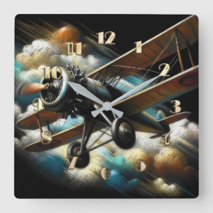 Horloge Carrée Pastel Antique Biplane Avion