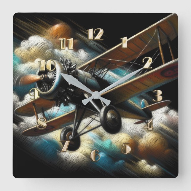 Horloge Carrée Pastel Antique Biplane Avion (Recto)