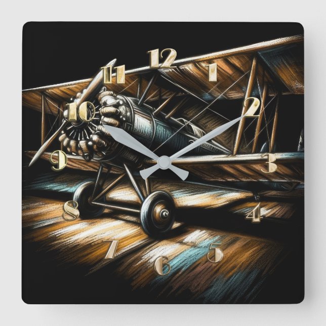 Horloge Carrée Pastel Antique Biplane Avion (Recto)