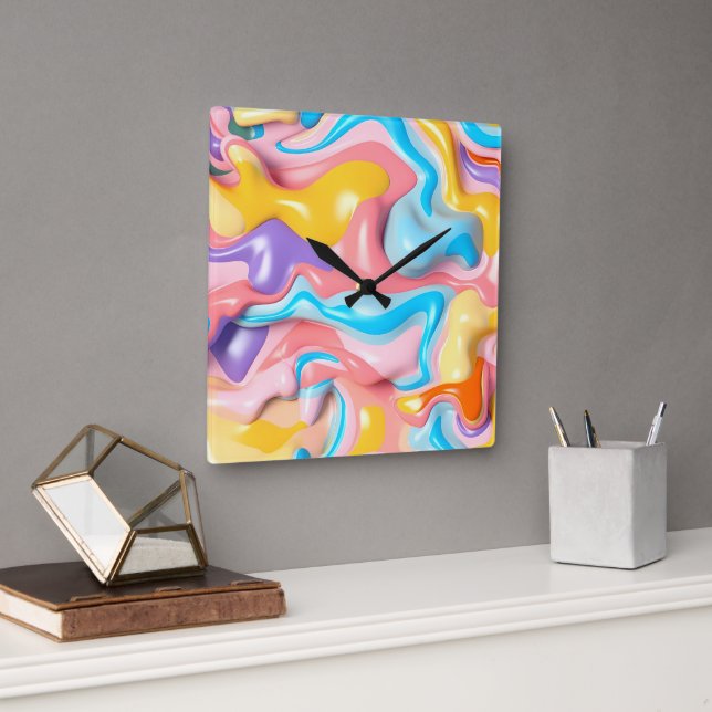 Horloge Carrée Pastel Plastic Fluid Abstrait (Bureau)