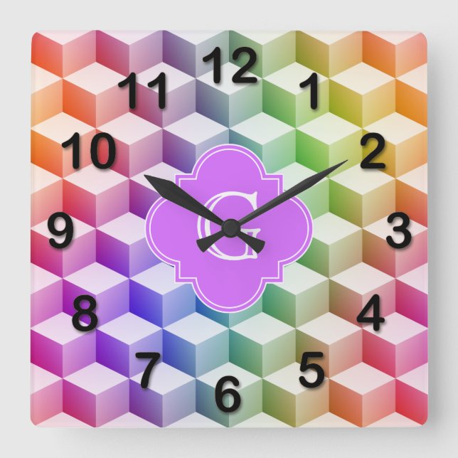Horloge Carrée Pastel rainbow Shaded 3D Cubes Lilac Monogram (Recto)