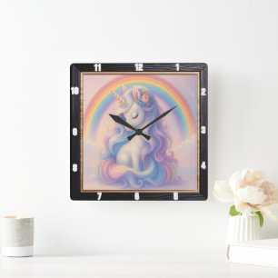 Horloge Carrée Pastel Rainbow Unicorn Dream