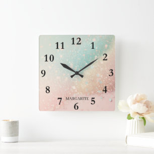 Horloge Carrée Pastels bleus jaunes roses personnalisés