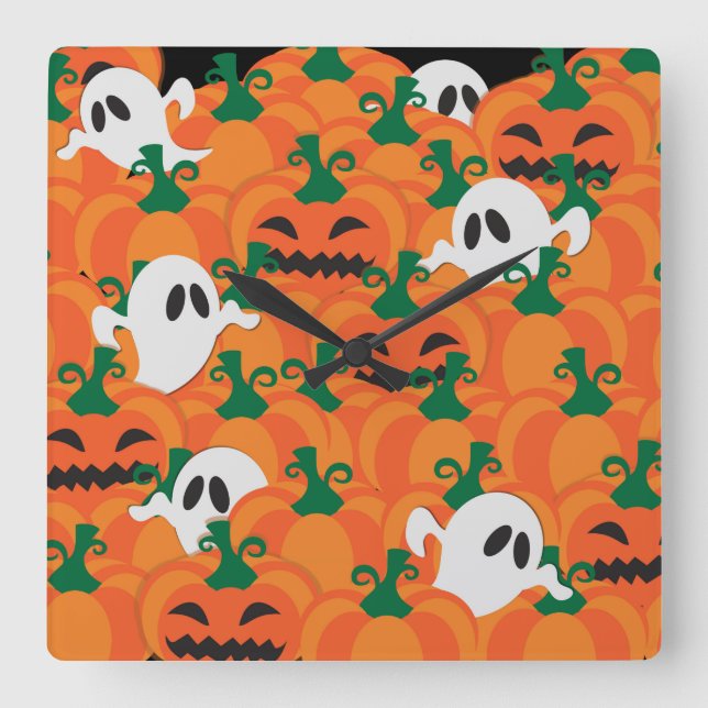Horloge Carrée Patch Citrouille Haunted Halloween Ghosts (Recto)