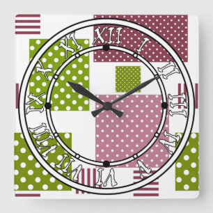 Horloge Carrée Patchwork brun vert pois dos blanc
