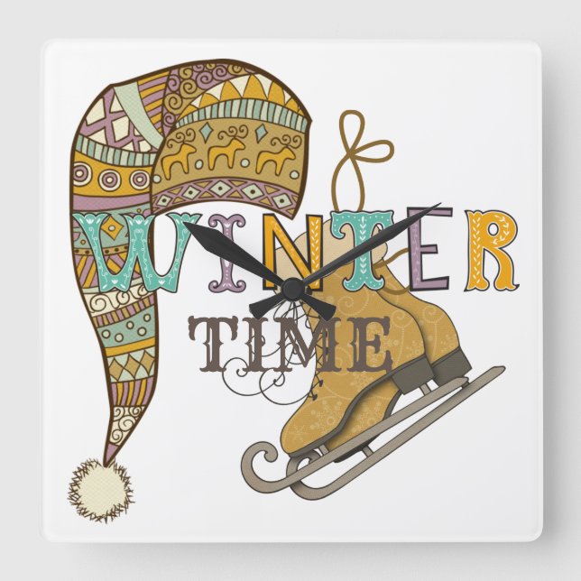 Horloge Carrée Patins à glace d'hiver mignonne tricot casquette   (Recto)