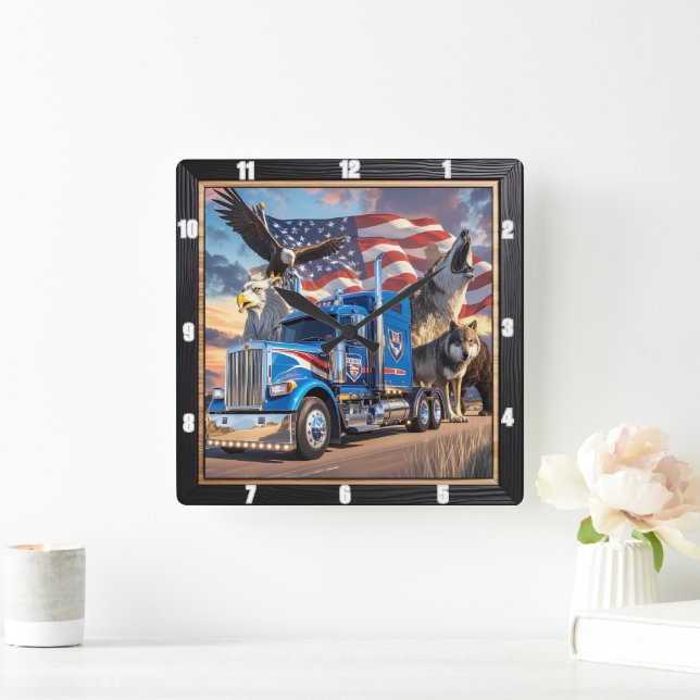 Horloge Carrée Patriotique Camion Eagle Wolf USA (Maison)