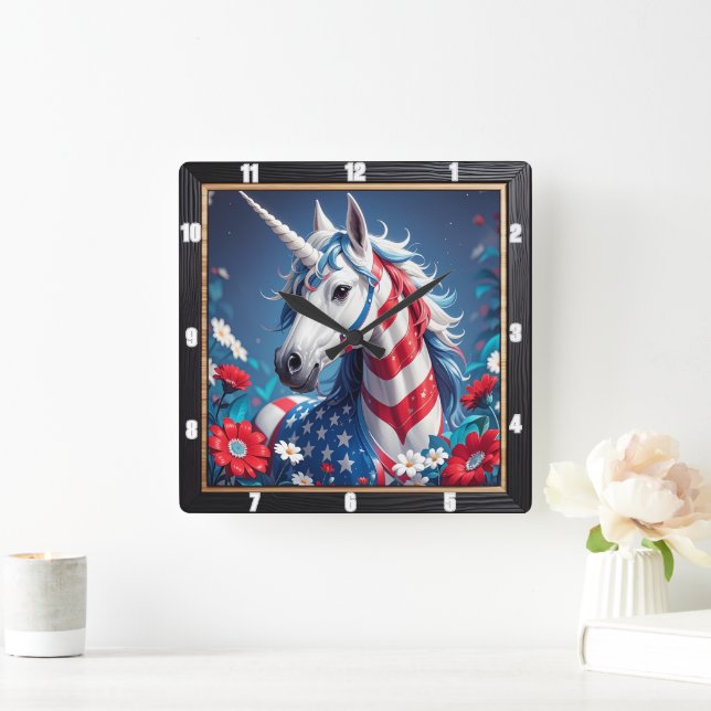 Horloge Carrée Patriotique Unicorn étoiles rayures florales (Maison)