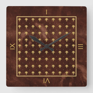 Horloge Carrée Pattern Leather Brown et Gold Damask