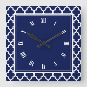 Horloge Carrée Patters bleus et blancs qutrefoil
