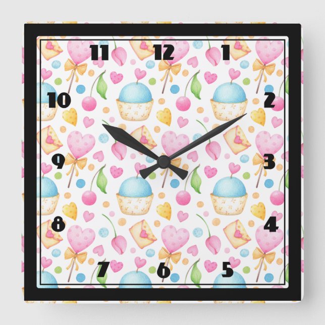 Horloge Carrée Patters de Hearts and Muffins (Recto)