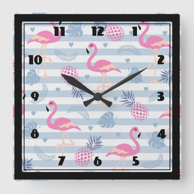 Horloge Carrée Patters de Whimsical Flamingo et Pineapple (Recto)