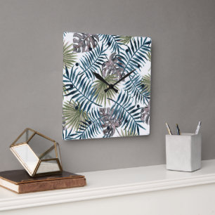 Horloge Carrée Paume vert Mauve Tropical Feuille Aquarelle Art
