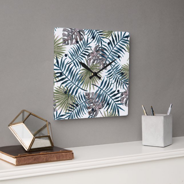 Horloge Carrée Paume vert Mauve Tropical Feuille Aquarelle Art (Bureau)