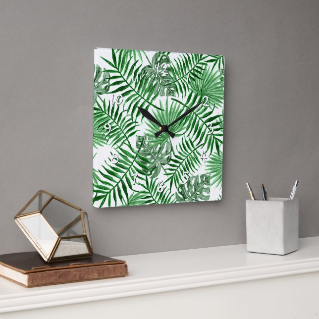 Horloge Carrée Paume vert tropical Feuille Aquarelle d'été Art (Bureau)