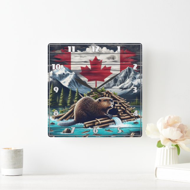 Horloge Carrée Pavillon de l'édifice Beaver près du drapeau canad (Maison)