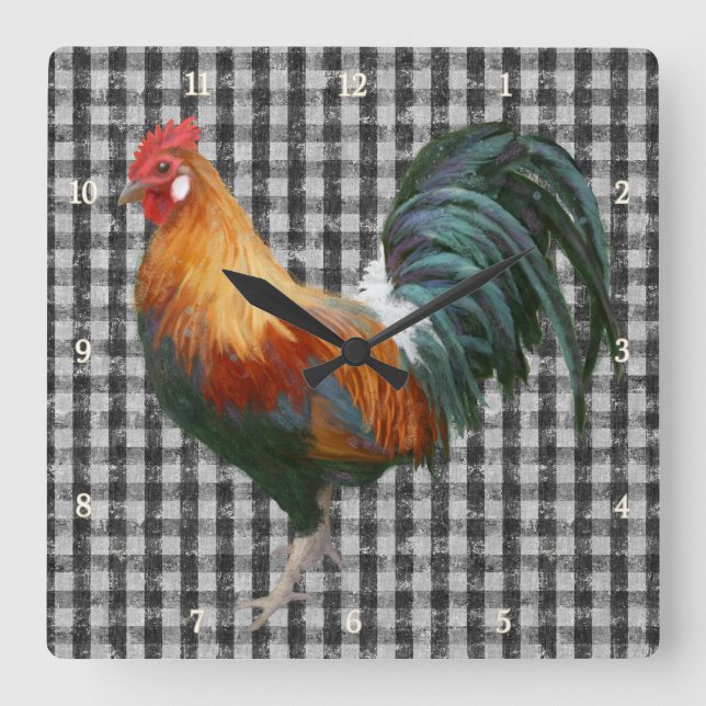 Horloge Carrée Pays de Farmhouse Rooster Black and White Rustic (Recto)