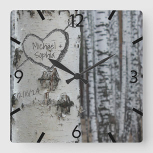 Horloge Carrée Pays Rustic Carved Heart Birch Tree