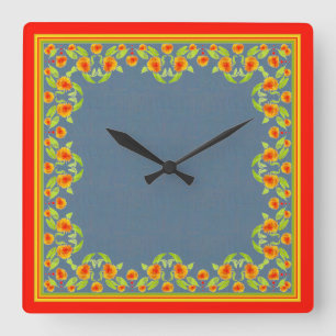 Horloge Carrée Pays Style Marigolds Bordure sur Indigo Bleu