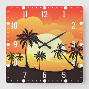 Horloge Carrée Paysage au coucher du soleil avec palmiers