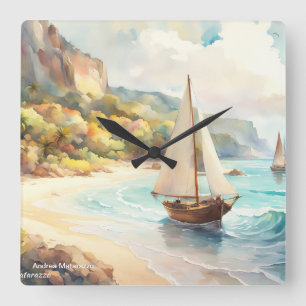 Horloge Carrée Paysage avec mer et voiliers
