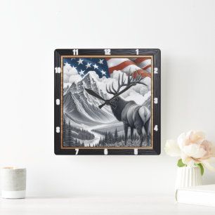 Horloge Carrée Paysage de la montagne de l'orignal patriotique