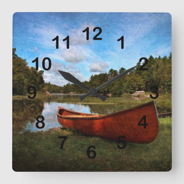 Horloge Carrée Paysage en bois rouge de canoë (Recto)
