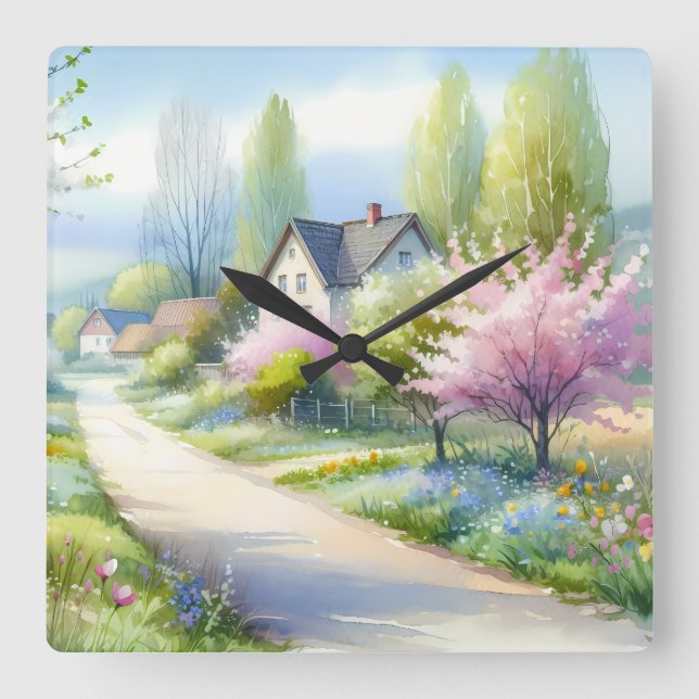 Horloge Carrée Paysage enchanteur de campagne aux fleurs (Recto)