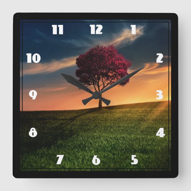 Horloge Carrée Paysage Extraordinaire avec arbre rouge au coucher (Recto)