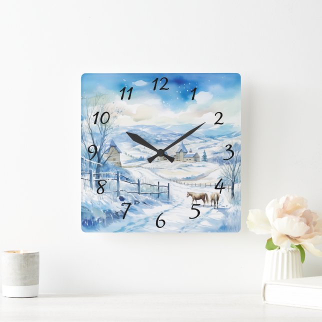 Horloge Carrée Paysage hivernal avec montagnes et chevaux (Maison)