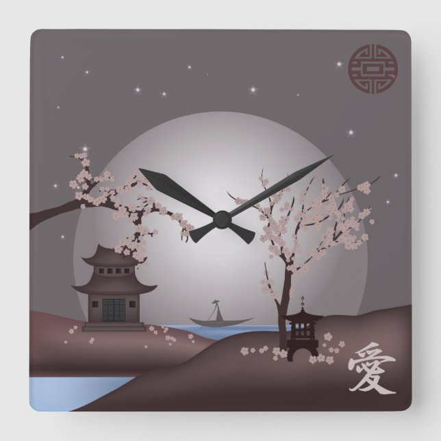 Horloge Carrée Paysage lune asiatique fleurs rose (Recto)
