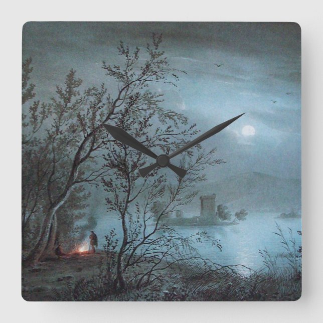 HORLOGE CARRÉE PAYSAGE ROMANTIQUE NOCTURNE EN BLEU (Recto)
