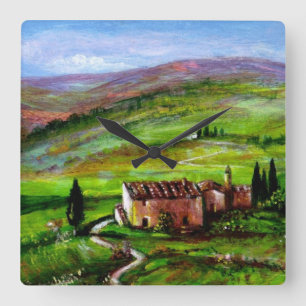 HORLOGE CARRÉE PAYSAGE TOSCANE AUX COLLINES VERTES