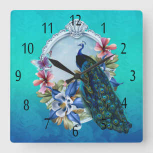 Horloge Carrée Peacock and Floral Square Wall Clock