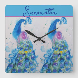 Horloge Carrée Peacock bleu peinture aquarelle nom de fille