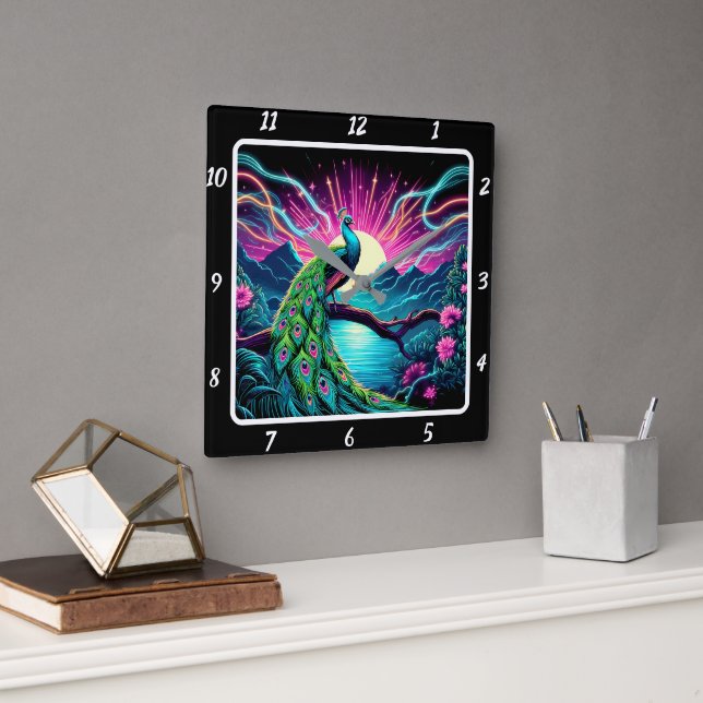 Horloge Carrée Peacock Elegance Neon (Bureau)