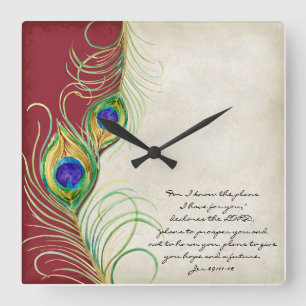 Horloge Carrée Peacock Feathers Red Damask Christian Scripture