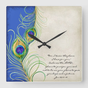 Horloge Carrée Peacock Feathers Royal Damask Christian Scripture