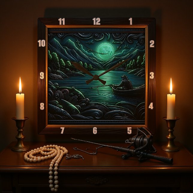 Horloge Carrée Pêche au coucher du soleil (Créateur téléchargé)