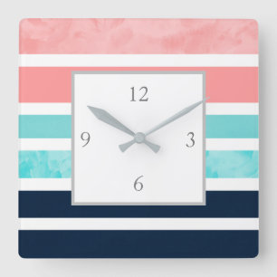 Horloge Carrée Pêche, Turquoise, Indigo, Blancs  