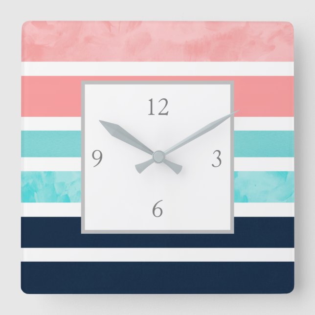 Horloge Carrée Pêche, Turquoise, Indigo, Blancs   (Recto)