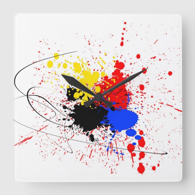 Horloge Carrée Peignez le jaune de rouge bleu de noir d'art (Recto)