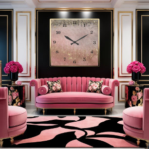 Horloge Carrée peinture à l'aquarelle rose, or et gris