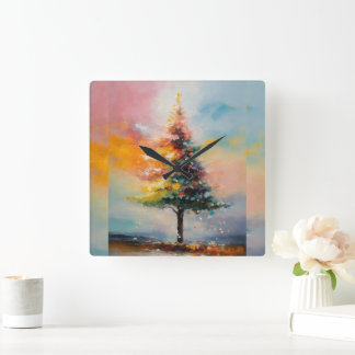 Horloge Carrée peinture à l'huile d'arbre de noël